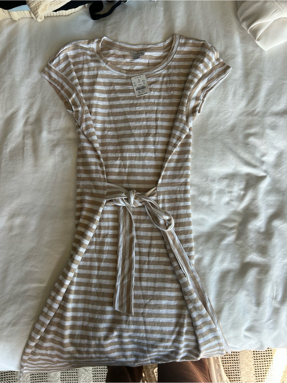 J. Crew Beige and White Striped Tie-Waist Dress